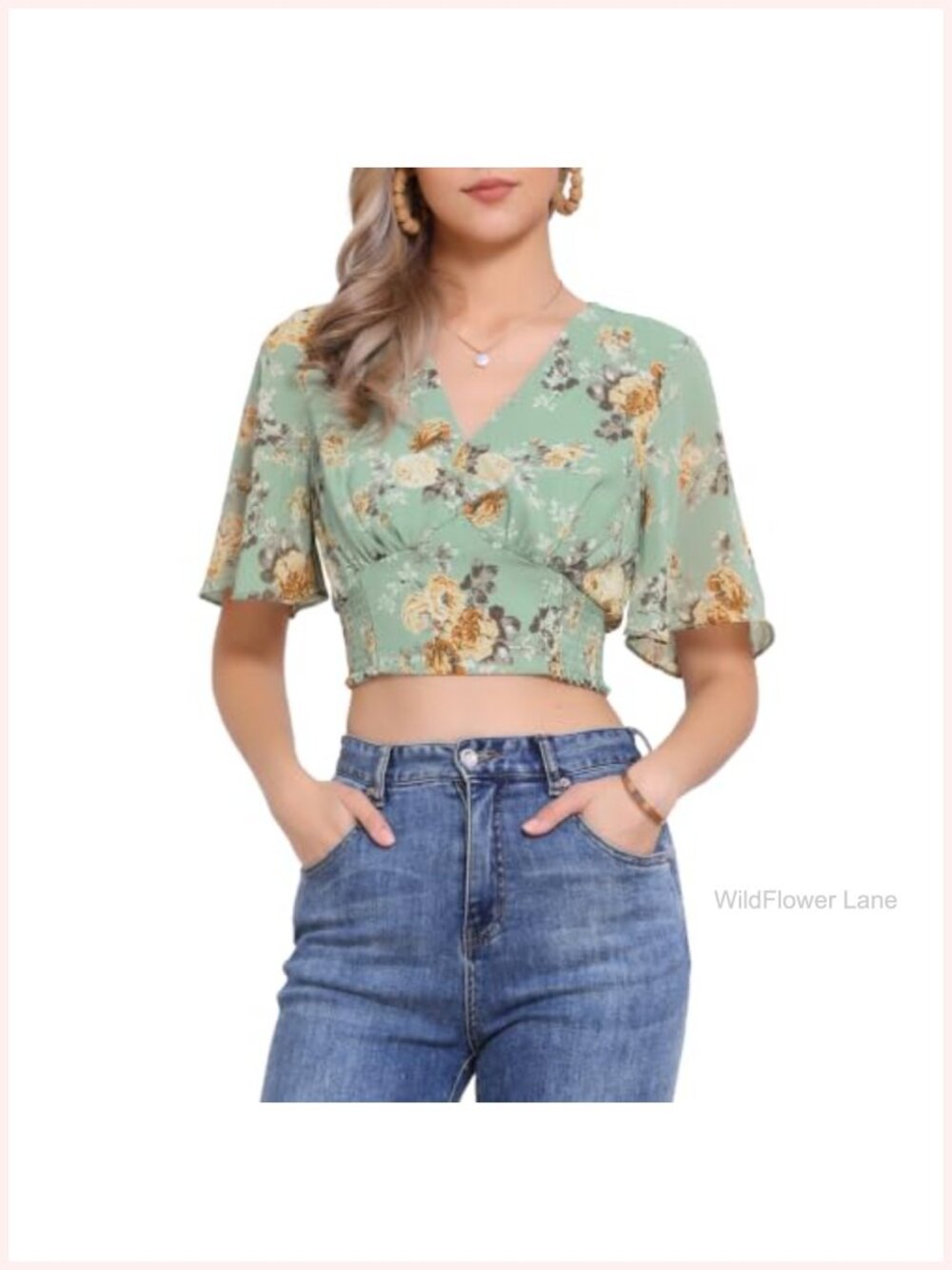 Boho Floral Smocked Crop Top V-Neck Flare Sleeve Blouse